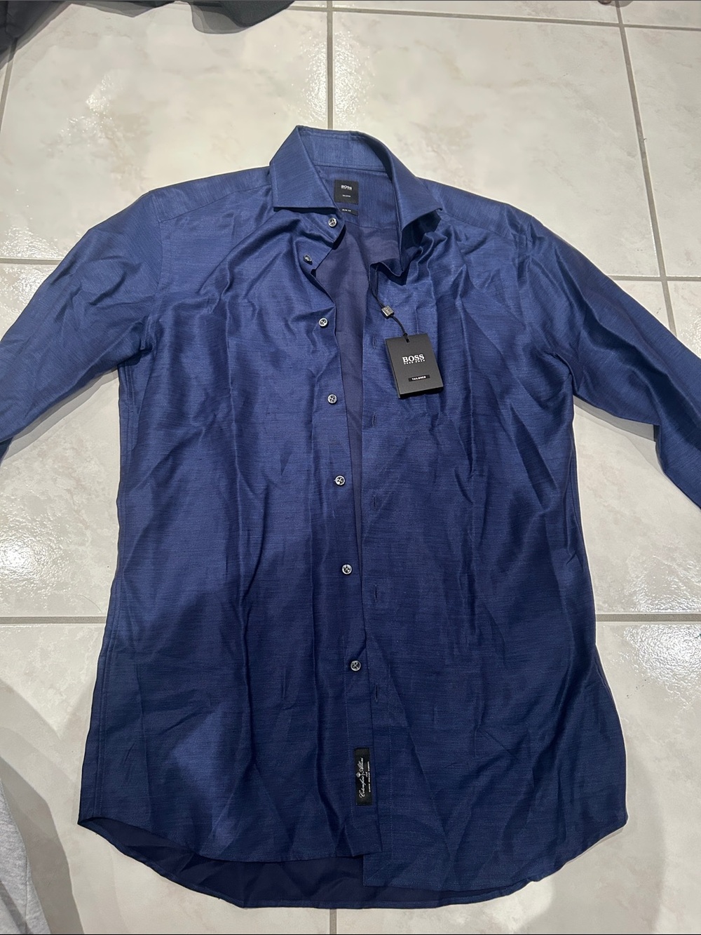 BOSS Mens Navy Button-Up Dress Shirt